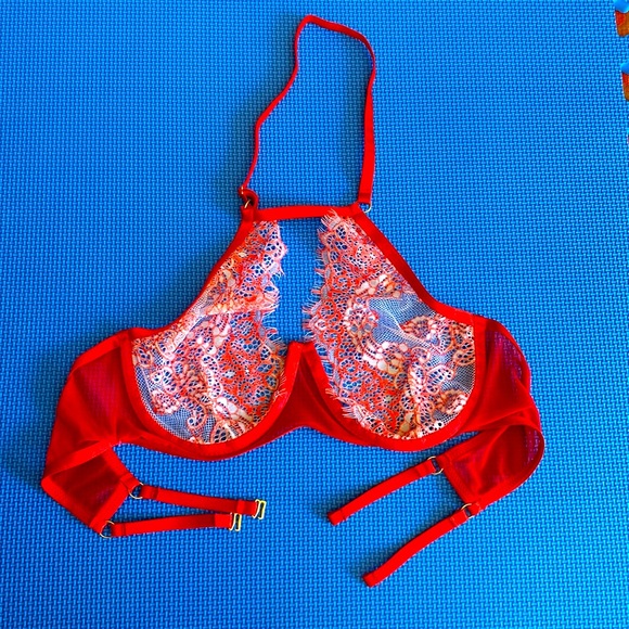 ❤️Red Lace Sexy 36 C/D ❤️Lingerie Bra Floral Transparent - Picture 1 of 11